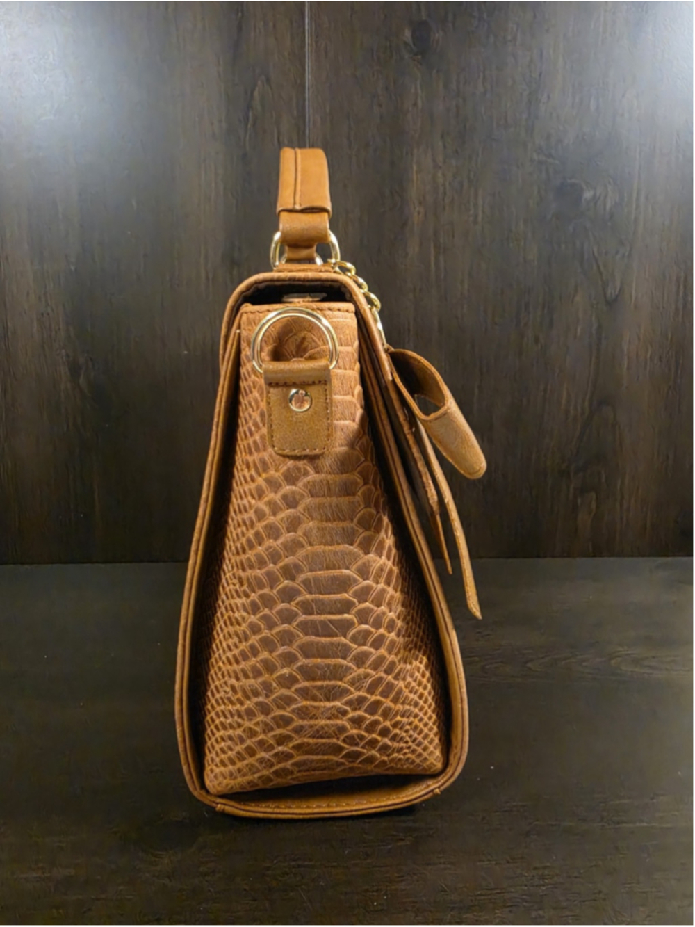 Bow Cognac Brown Snake Skin Embossed Tooled Artisan Cowhide LEATHER Bag Purse - Picture 5 of 16